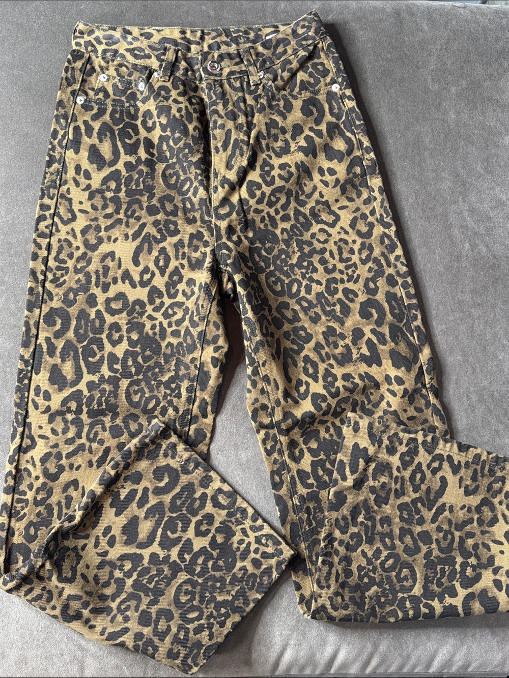 Women’s Leopard Print Wide Leg Denim Jeans Brown Black Y2K Size S NWOT